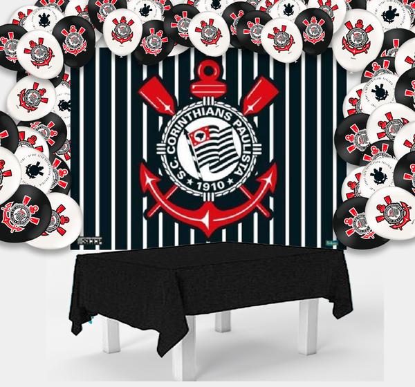 Imagem de Kit festa Corinthians Decora Toalha Preta +25 balões +Painel