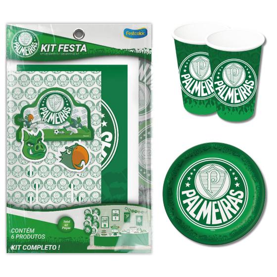 Imagem de Kit Festa Decorativa Comemoração Aniversário Palmeiras + 16 Copos e 16 Pratos - 94 peças - Festcolor