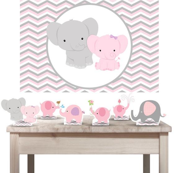Imagem de Kit festa Elefantinho rosa e cinza com painel decorativo e displays de mesa
