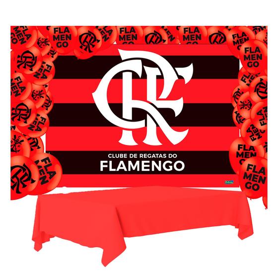 Imagem de Kit festa Flamengo Decoração Toalha Mesa +Painel +25 Balões