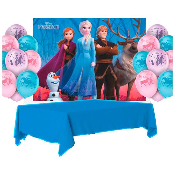 Imagem de Kit festa Frozen Decoração Toalha Azul + 25 balões + Painel