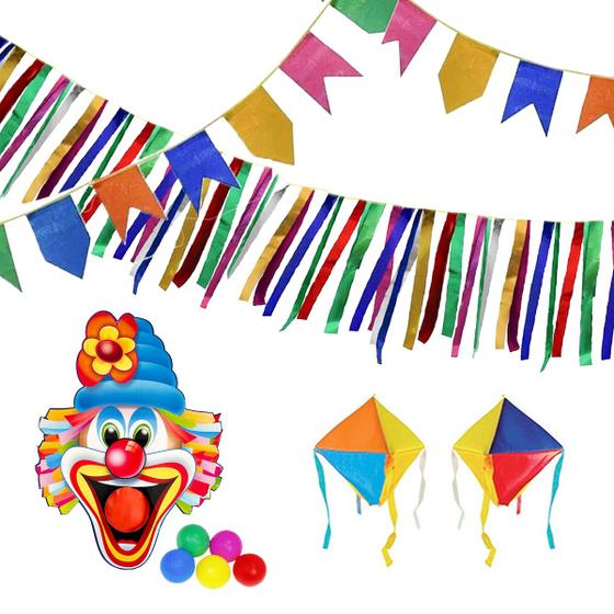 Imagem de Kit festa Junina 30 Metros de Bandeirinhas e Fitas Palhaço Bocão e 5 Balões