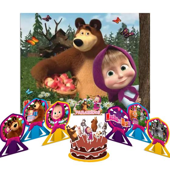 Imagem de Kit festa Masha e o Urso Painel +Topo de bolo +6 Display
