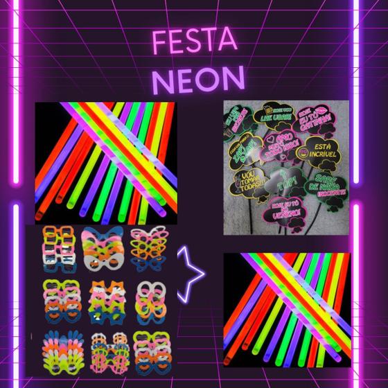 Imagem de Kit Festa Neon 100 Pulseiras + 10 Oculos + 10 Placas Divertidas