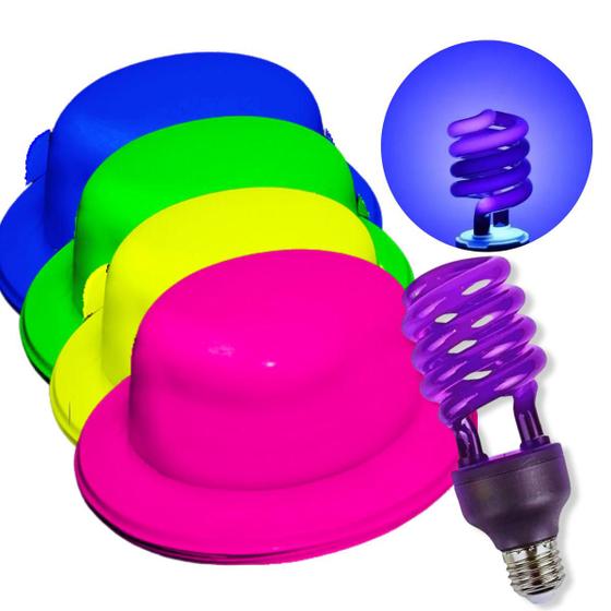 Imagem de Kit festa Neon Com Lâmpada Luz Negra UV e 10 Chapéu Colorido