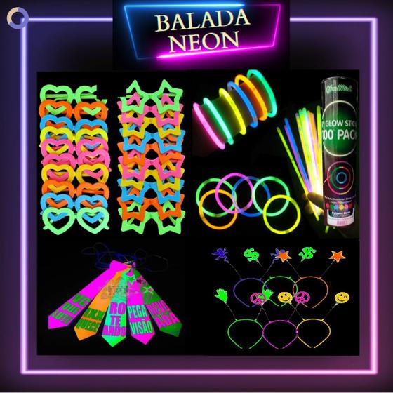 Imagem de Kit Festa Neon Luz Negra Brilha Escuro 50 Itens+100 Pulseira