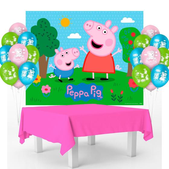 Imagem de Kit festa Peppa Pig Decoração Painel +Toalha Rosa + 25 Balão