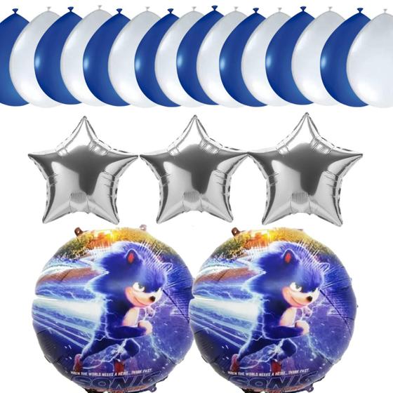Imagem de Kit Festa Sonic, 2 Balões Metálicos Sonic 45cm, 3 Estrelas Prata, 20 Balões Látex 9 Polegadas Azul E Branco
