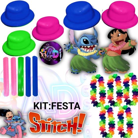 Imagem de kit Festa STITCH Chapéu Neon, Pulseira Bate Enrola, Colar Havaiano, Aniversario, Comemoração, Adereços,