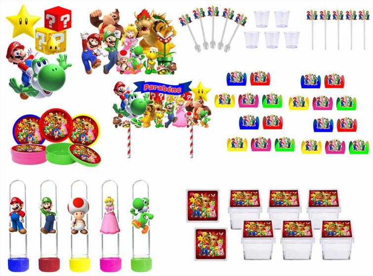 Imagem de Kit Festa Super Mario Bros 173 peças (20 pessoas) painel e cx