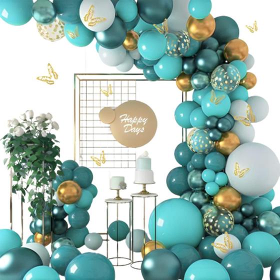 Imagem de Kit Festa Tiffany Baloes Arco Desconstruido Azul Dourado Verde Confete Decoração 6" 8" Polegadas e Aniversario Alegria