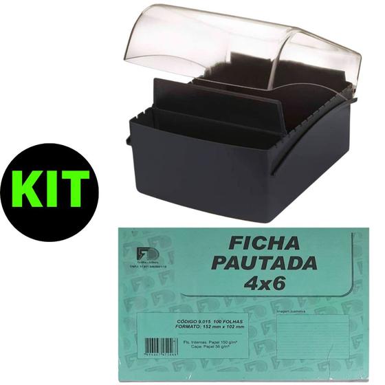 Imagem de Kit Fichário De Mesa 4x6 Preto Waleu Mais Ficha Pautada 4x6