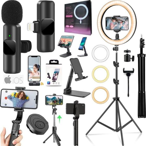 Imagem de Kit Filmagem Luz Led Tripé Microfone Lapela Sem Fio Para iPhone Bastão Estabilizador Controle