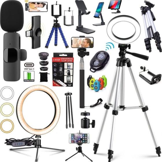 Imagem de Kit Filmagem no Celular Microfone Sem Fio Profissional Luz Tripé Acessórios 10pçs
