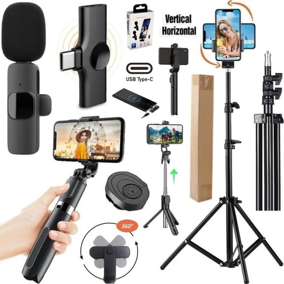 Imagem de Kit Filmagem No Celular Tripé Bastão Controle Microfone Sem Fio Tipo-C Profissional