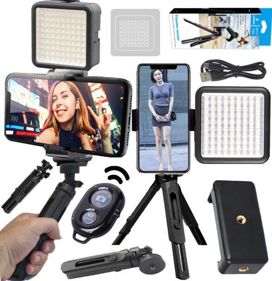 Imagem de Kit Filmagem Profissional Suporte Apoio Celular Tripé Câmera Luz Led Selfie Gravação Vídeo Youtuber + Controle Bluetooth