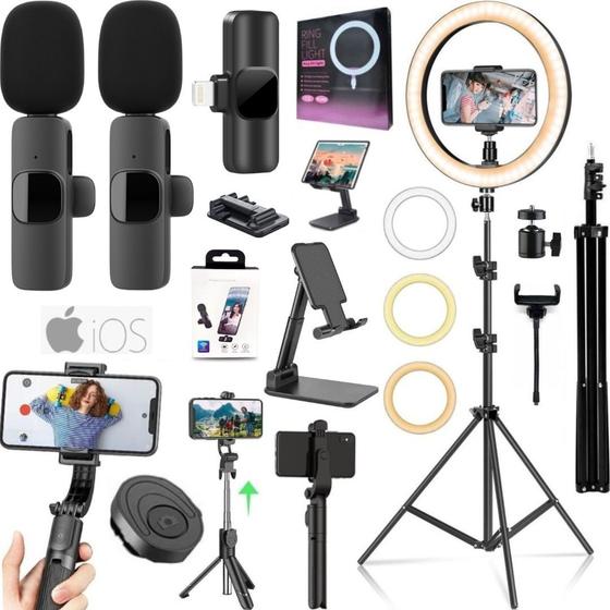 Imagem de Kit Filmagem Ring Light Tripé Bastão Controle Microfone Sem Fio Duplo para iPhone