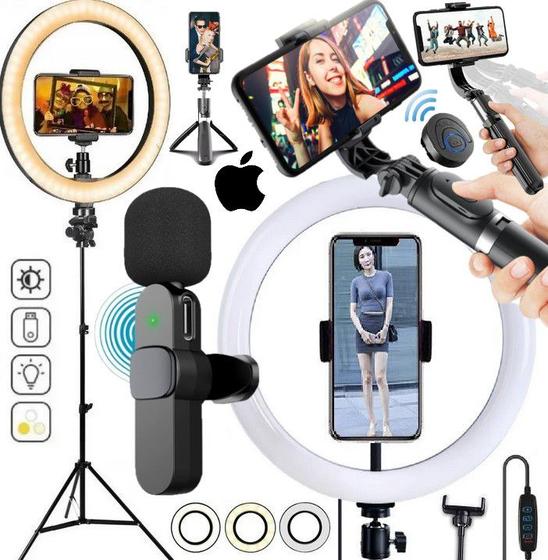 Imagem de Kit Filmagem Tripé Profissional Microfone de Lapela Sem Fio iPhone Celular Anel Luz Led Ring Light Estabilizador Selfie