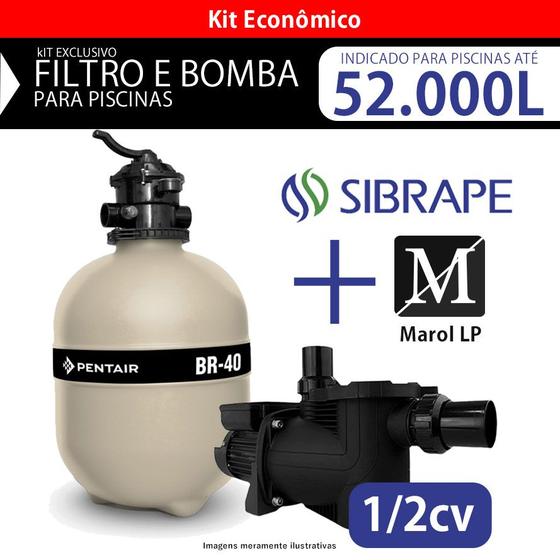 Imagem de kit Filtro BR 40 e Bomba para piscinas até 52.000 litros Sibrape + Marol LP