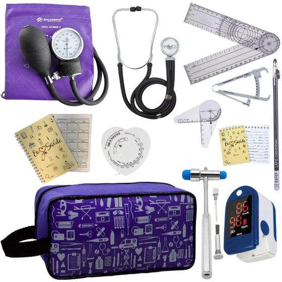 Imagem de Kit Fisioterapia Necessaire Estampada Goniometro Martelo Buck Fita Imc Oxímetro