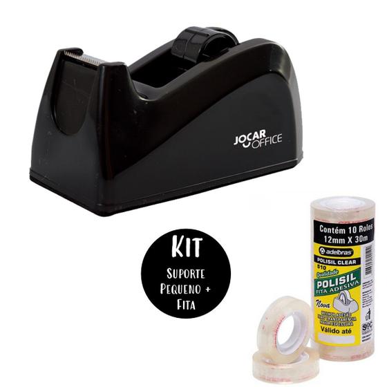 Imagem de Kit Fita Adesiva + Suporte Pequeno Resistente Preto ideal para Lojas Comércio Escritório Home Office Embalagem Presentes