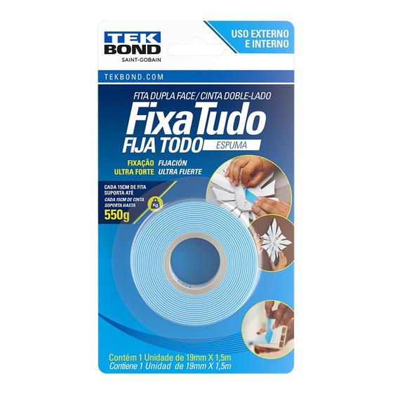 Imagem de Kit Fita Dupla Face Espuma 19mm x 1,5m Interno/Externo Fixa Tudo 6 Unidades - TEK BOND