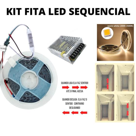 Imagem de KIT Fita LED 3528 120 LEDs 10 Metros Sequencial 24V Branco Quente 3000K + Fonte 5A