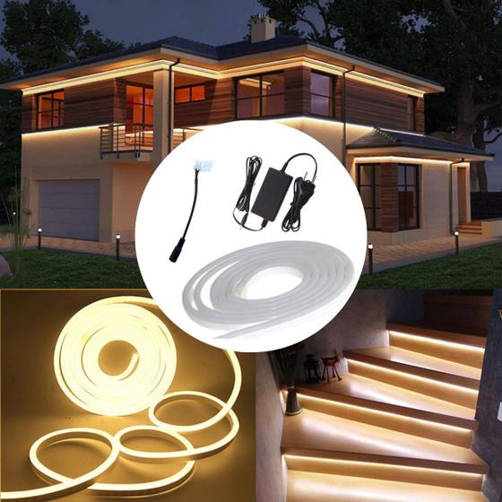 Kit Fita Tira Mangueira Flexível De Led Neon 5M Com Luz Branco Quente Para Corte De 2,5Cm Com Fonte 12V 3A Menor preço em Kit Fita Tira Mangueira Flexível De Led Neon 5M Com Luz Branco Quente Para Corte De 2,5Cm Com Fonte 12V 3A