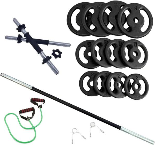 Imagem de Kit Fitness 40kg + 2 Barras 40cm + 1 Barra 120cm + Extensor