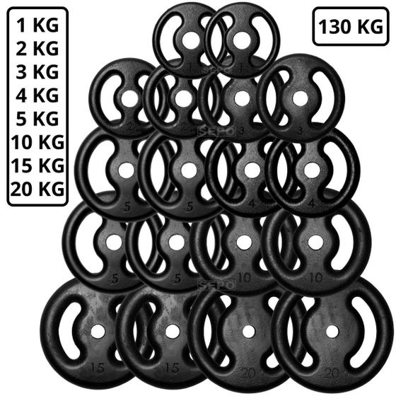 Imagem de Kit Fitness de 130Kg em Anilhas de Ferro Fundido Kit com 18 Peças