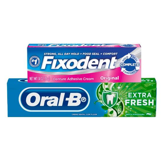 Imagem de Kit Fixodent Original 39g + Creme Dental Oral-B Extra Fresh 70g