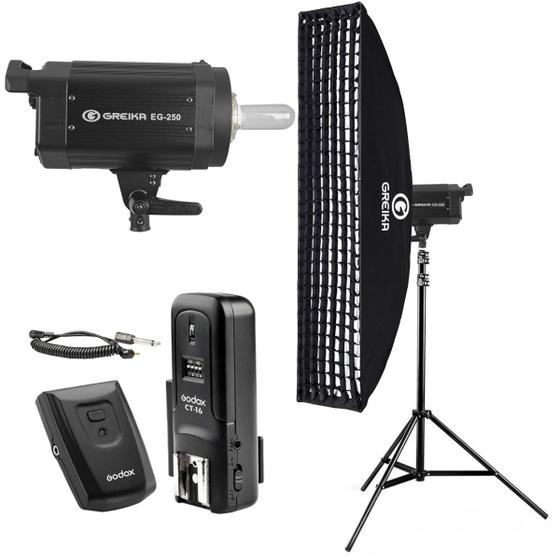 Imagem de Kit Flash Estúdio Greika Eg-250w Com Radio Flash Ct16 + Softbox Grid Strip