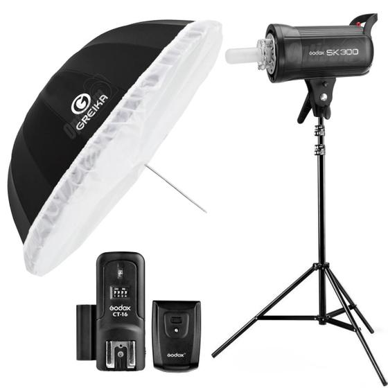 Imagem de Kit Flash Godox SK300 II 220V + Rádio + Tripé + Sombrinha 1,50m Newborn