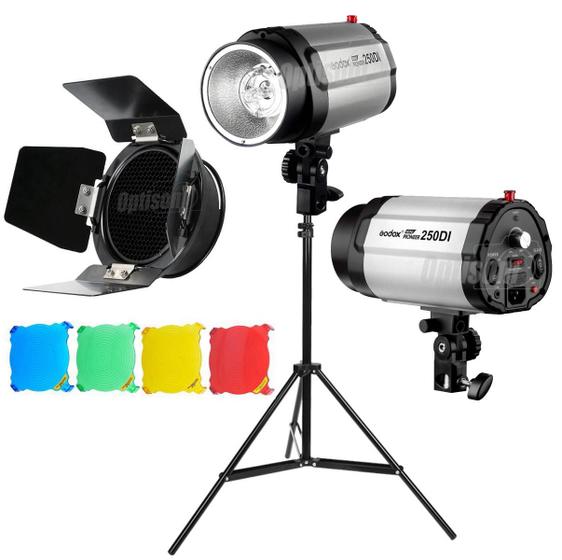 Imagem de Kit Flash Tocha Godox Mini Pioneer 250di 250w + Abas Colmeia 4 Gelatinas E Tripé