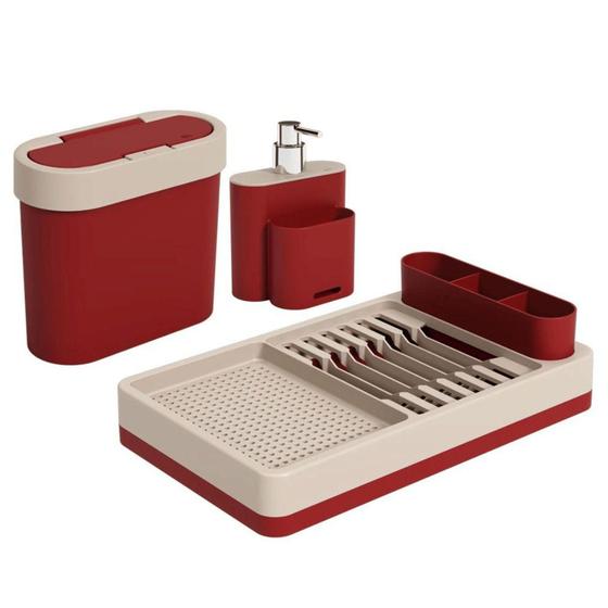 Imagem de Kit Flat 3 Peças Escorredor de Louça, Lixeira e Dispenser Vermelho - COZA