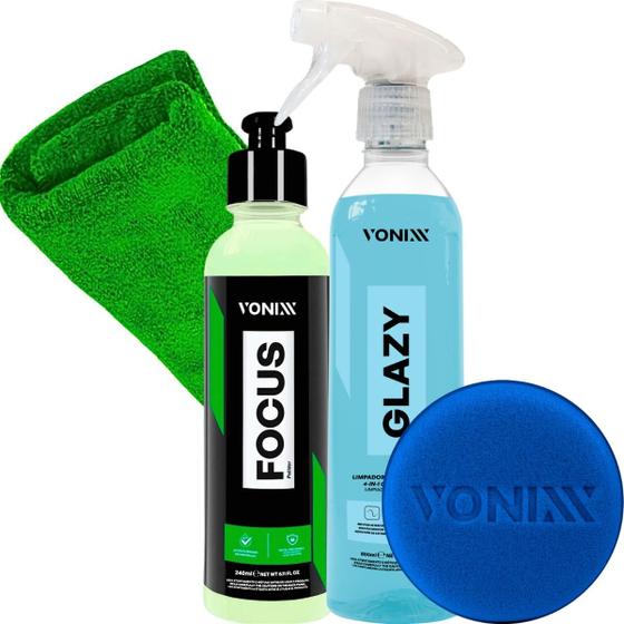 Imagem de Kit Focus Restaurador Polidor Tira Mancha De Vidros Glazy Limpa Protege Vidro Pano Aplicador Vonixx