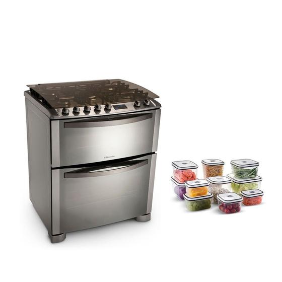 Kit fogão celebrate premium de piso duplo forno 5 bocas (76dfx) + kit potes 10 unidades Menor preço em Kit fogão celebrate premium de piso duplo forno 5 bocas (76dfx) + kit potes 10 unidades