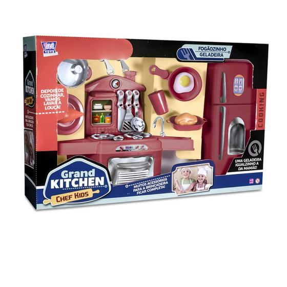 Imagem de Kit fogaozinho de brinquedo com geladeira grand kitchen chef kids 18 pecas