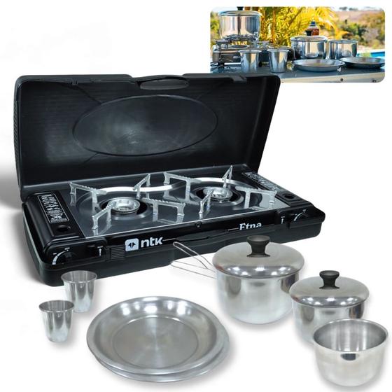 Imagem de Kit Fogareiro a Gas Etna 2 Bocas Horizontal Aco Inox + Jogo de Panelas Ntk 8 Pecas Gourmet Camping Pesca  Nautika 