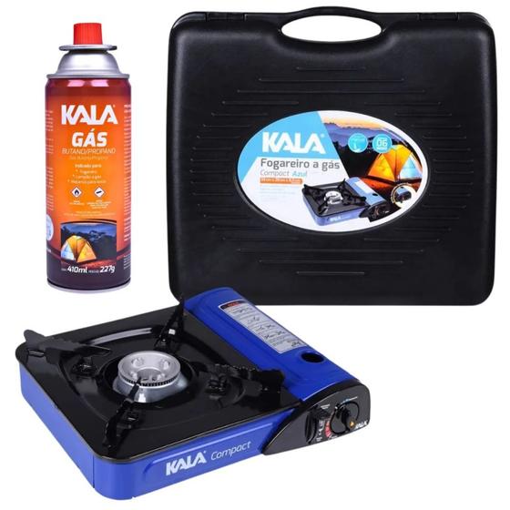 Imagem de Kit Fogareiro Fogao de Camping a Gas Compact Azul 32cmx27cm + Cartucho de Gas Butano/Propano 227g 410ml  Kala 