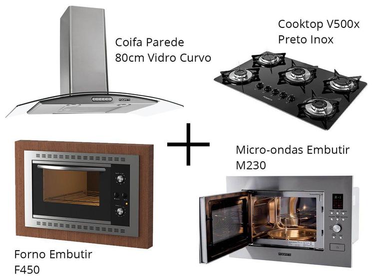 Imagem de Kit Fogatti Coifa Parede 80cm + Cooktop V500x + Forno Embutir F450 Black + Micro-ondas M230