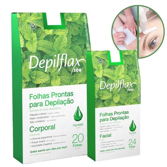 Imagem de Kit Folhas Prontas Depilação Facial Corporal Hortelã Depilflax Cera Fria Depilatória Depiladora