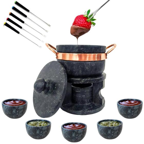 Imagem de Kit Fondue 500ml Pedra Sabão  5 Tigelas  6 Garfos 