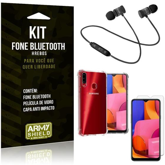 Imagem de Kit Fone Bluetooth Hrebos Galaxy A20s + Capa Anti + Película Vidro - Armyshield