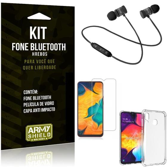 Imagem de Kit Fone Bluetooth Hrebos Galaxy A30 + Capa Anti + Película Vidro - Armyshield