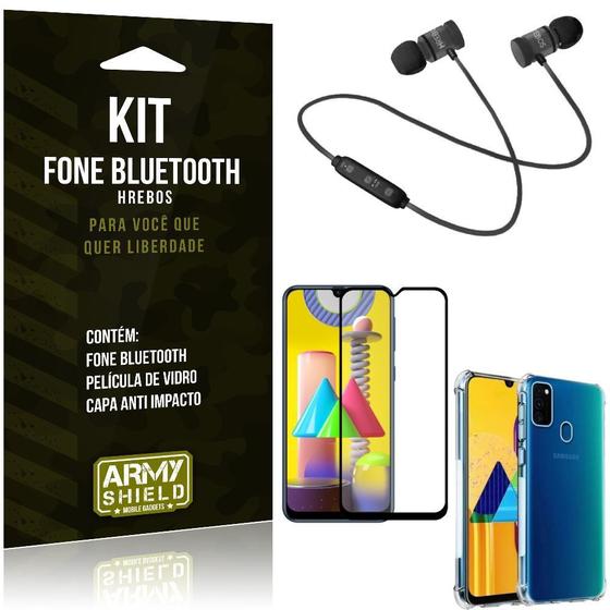 Imagem de Kit Fone Bluetooth Hrebos Galaxy M31 + Capa Anti Impacto + Película Vidro 3D - Armyshield