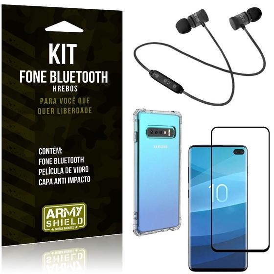 Imagem de Kit Fone Bluetooth Hrebos Galaxy S10 Plus + Capa Anti + Película Vidro - Armyshield