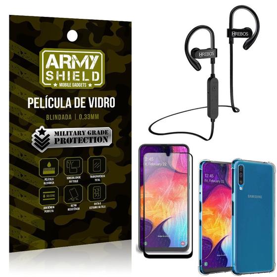 Imagem de Kit Fone Bluetooth Hrebos HS188 Galaxy A50 + Película 3D + Capa Anti Impacto - Armyshield