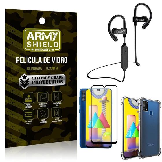 Imagem de Kit Fone Bluetooth Hrebos HS188 Galaxy M31 + Película 3D + Capa Anti Impacto - Armyshield