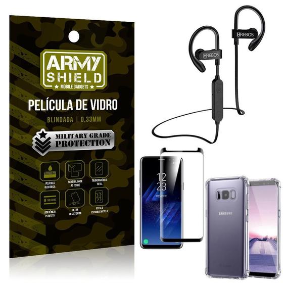 Imagem de Kit Fone Bluetooth Hrebos HS188 Galaxy S8 Plus + Película 3D + Capa Anti Impacto - Armyshield